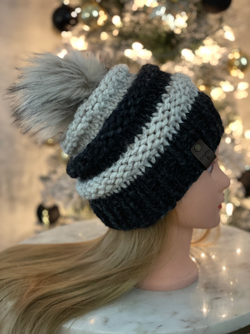 Cream and Black Pom Hat